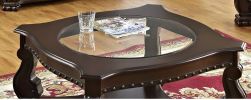 Glass Top Coffee Table Brown Base Lower Display Shelf Ornate and Sweeping Legs 1pc Formal Luxury Coffee Table