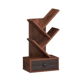 5-Tier Floor Standing Tree Bookcase with Drawer (Color: BROWN)